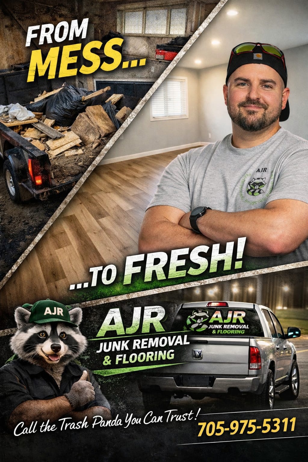 A before and after comparison showing junk removal vs a cleanly installed vinyl floor with an installer